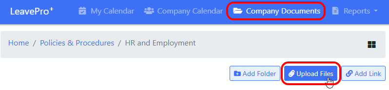 Upload Files button on companmy documents