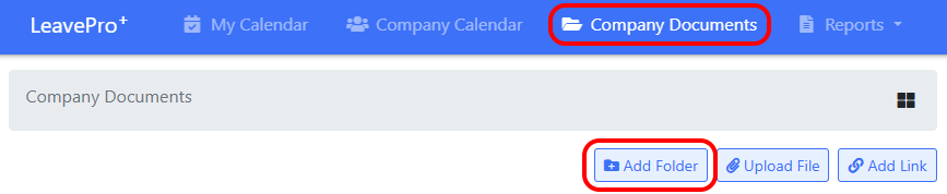 Add Folder button on company documents