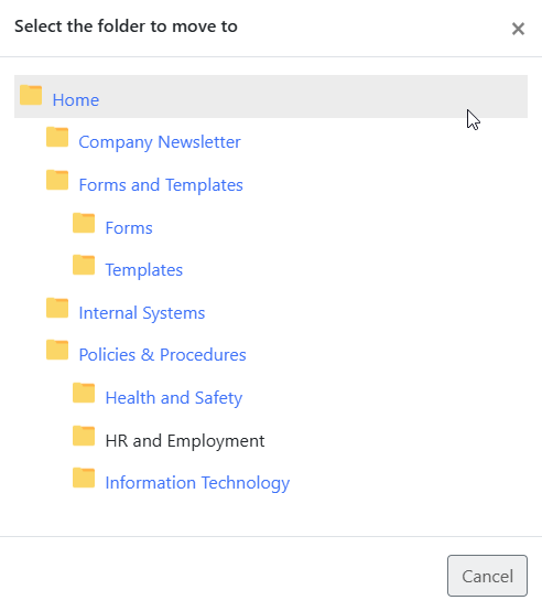Selec folder popup on company documents
