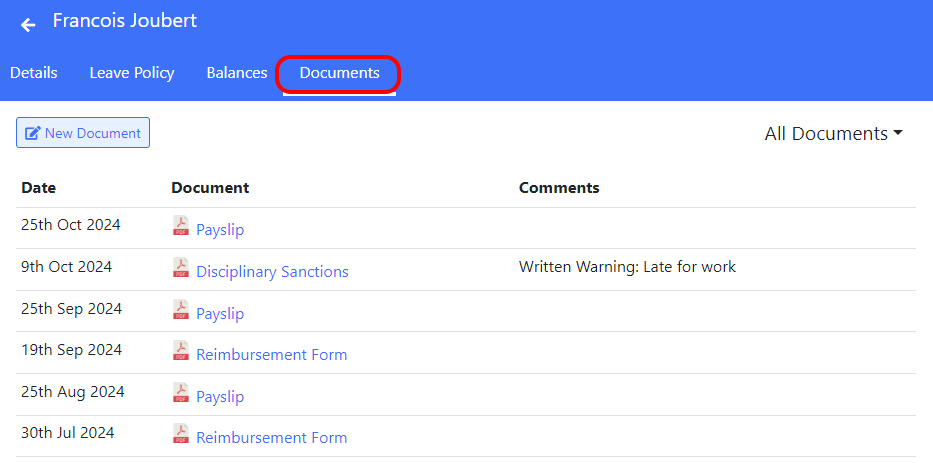 Documents tab when viewing an employee