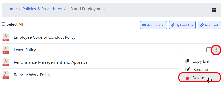 Deletee menu item on company documents