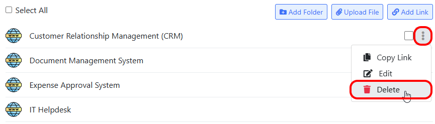 Delete Link menu item on company documents