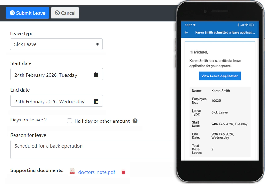Leave application form on mobile and desktop